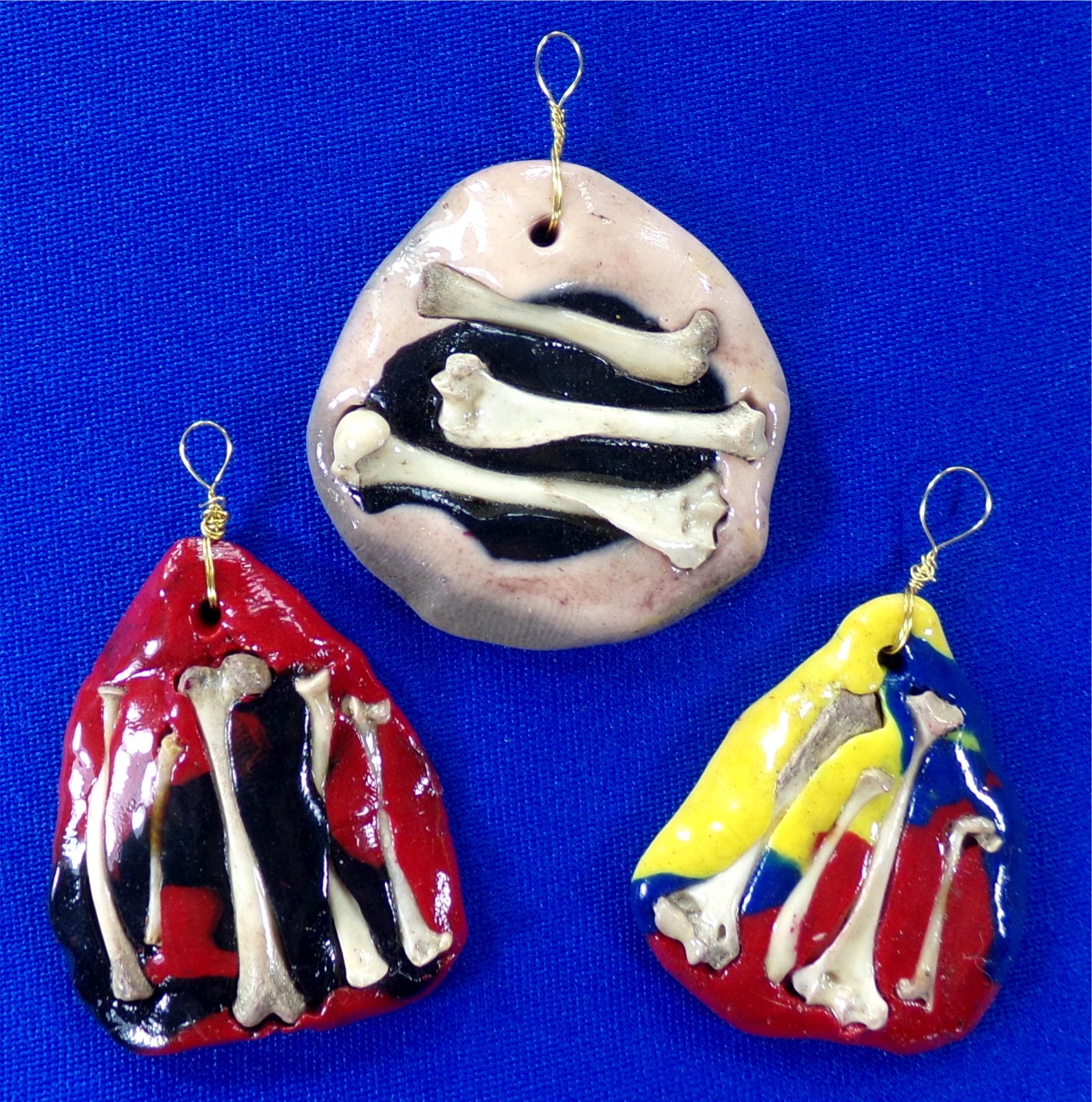 Handmade Pendants: Bone & Clay, 3x Lot, Unique Art Charm Custom OOAK Pendant Set