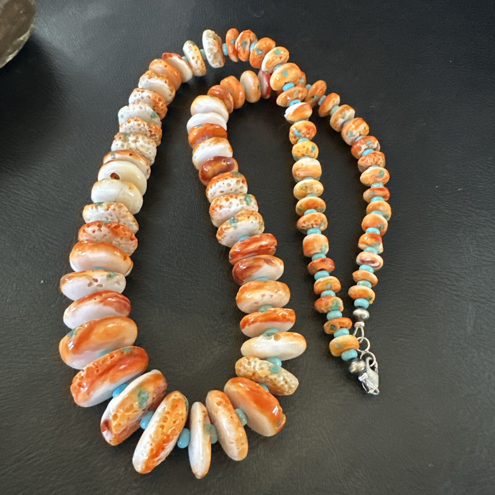 Orange Spiny Oyster Blue Turquoise Navajo Sterling Silver Necklace 23″ 18087