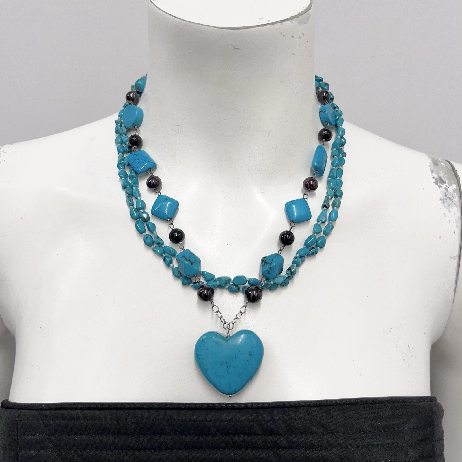 LUC Lucas Lameth Sterling Turquoise Onyx Triple Strand Heart Necklace 19″ Long