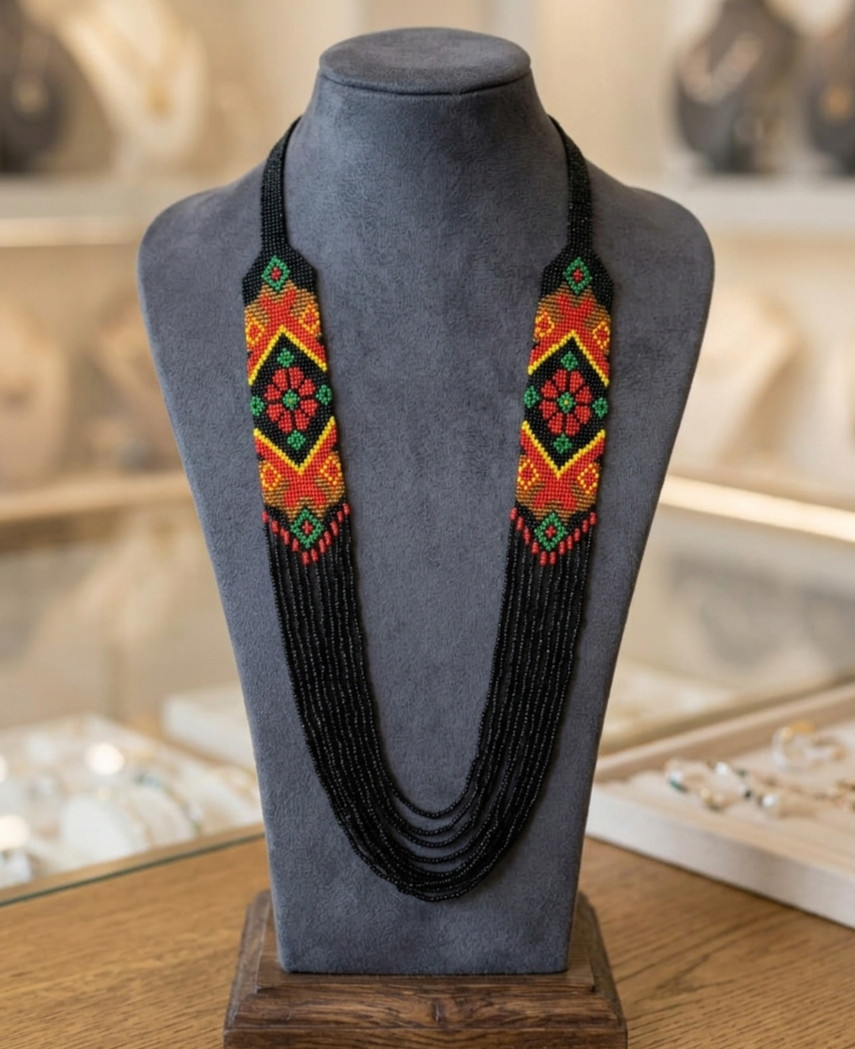 Handmade Seed Bead Fringe Necklace Set Boho Geometric Jewelry Matching Earrings