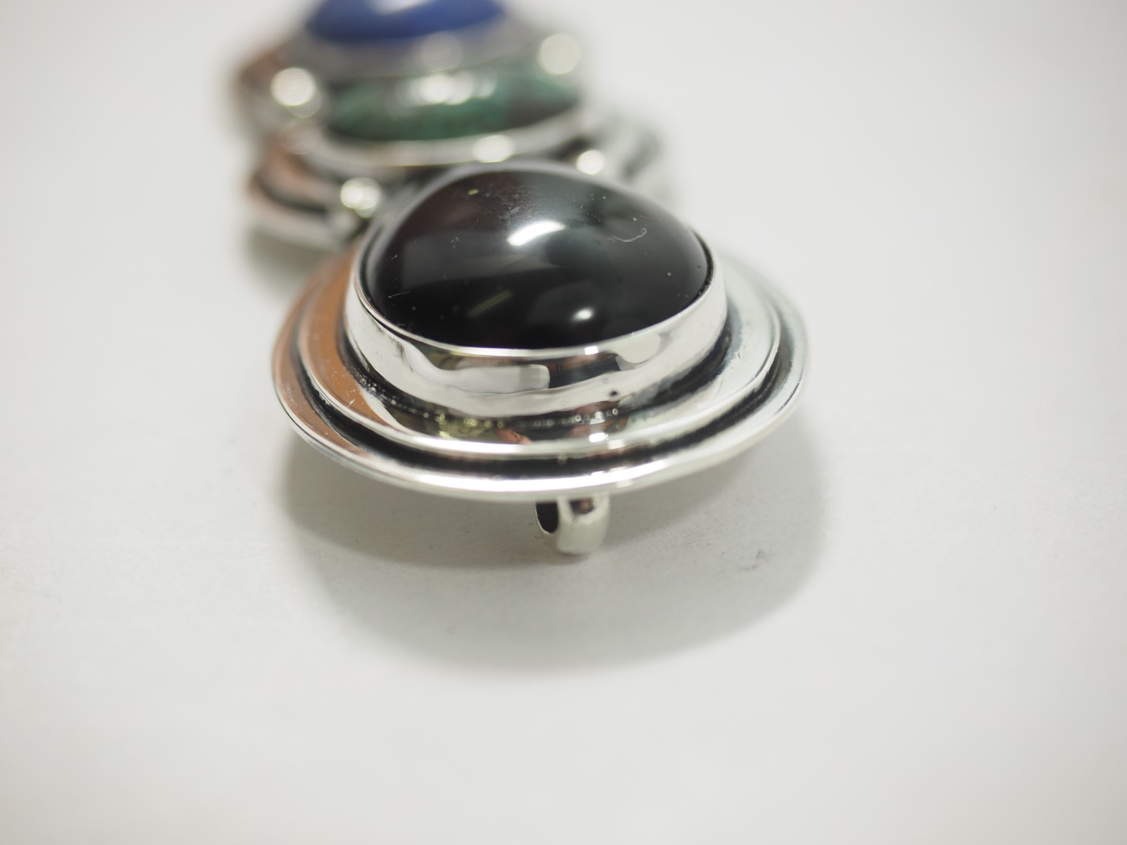 Great 3 stone Artisan Pendant Black Onyx Turquoise & Lapis Sterling Silver 3.3″