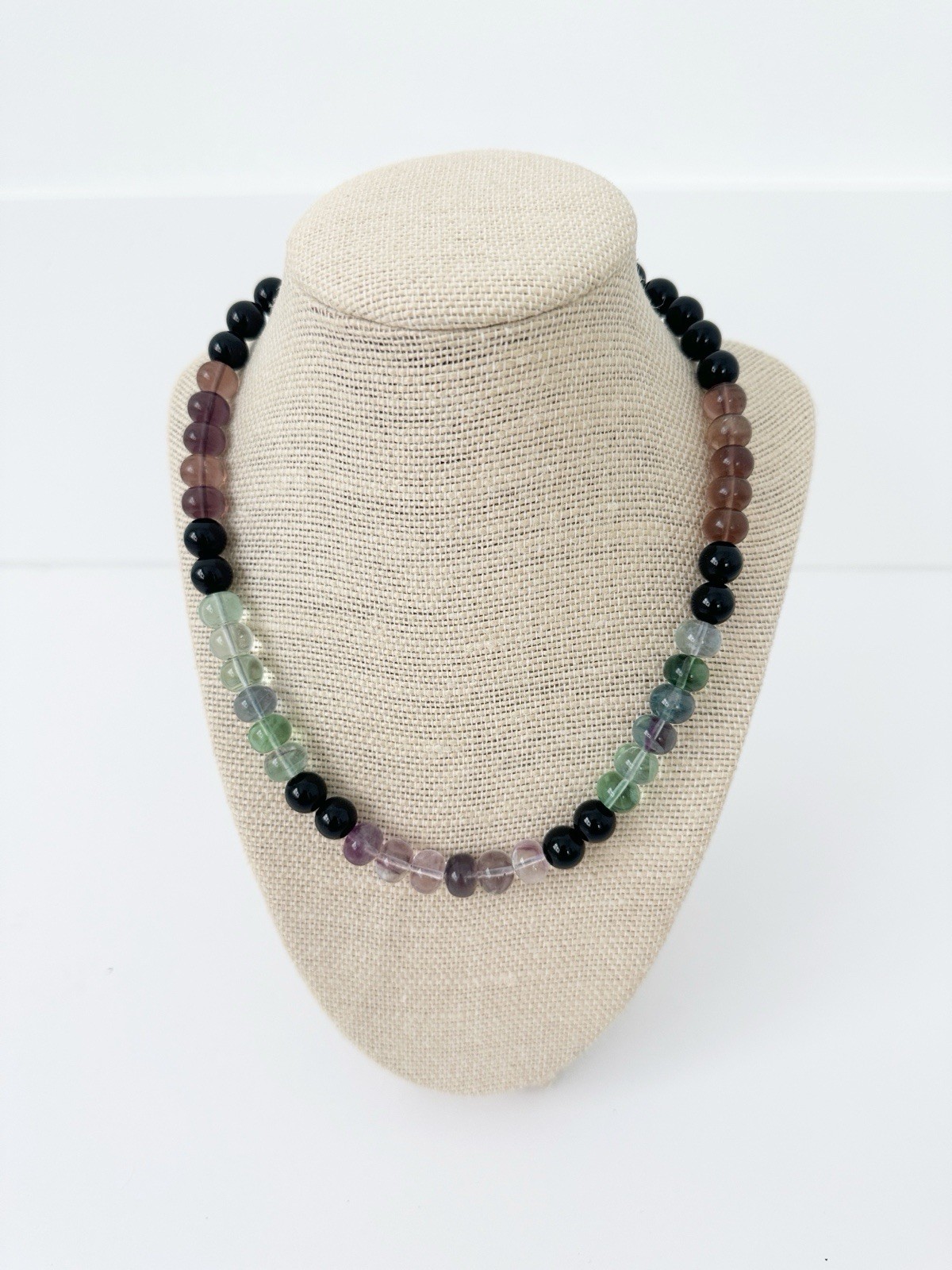 NWT Genuine Amethyst, Fluorite & Black Onyx Necklace Purple Green Black