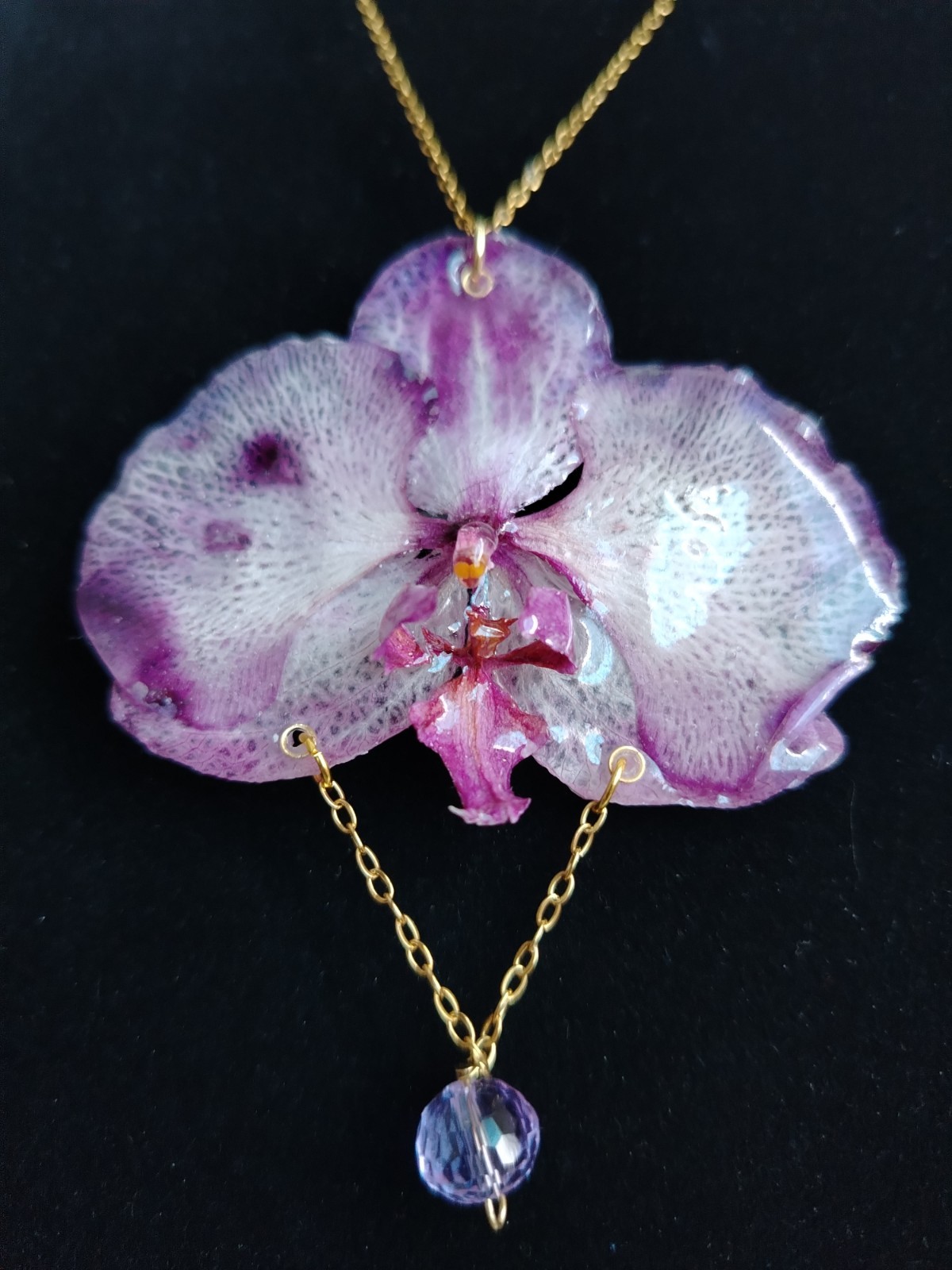LAD Real Orchid Flower Pendant Necklace Stainless Steel Gold 18in