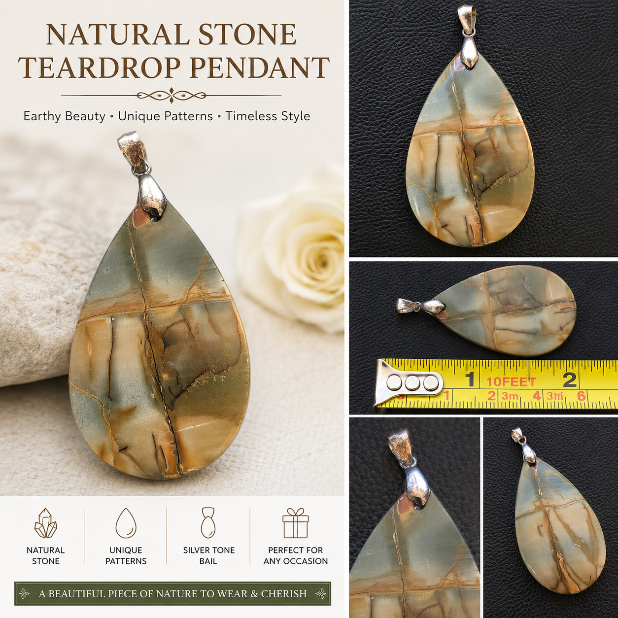 Natural Stone Teardrop Pendant Polished Jasper Agate Style Earth Tone Pendant