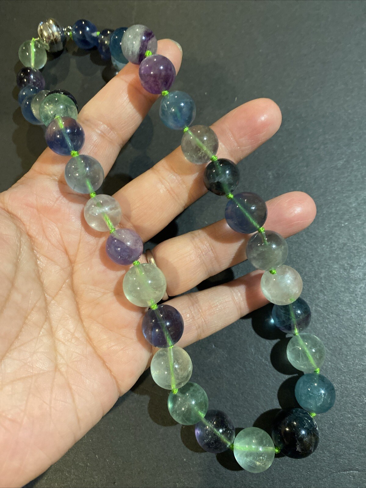 D’Joy Graduated Fluorite Gemstone Strand Necklace Sterling 925 Magnetic Clasp