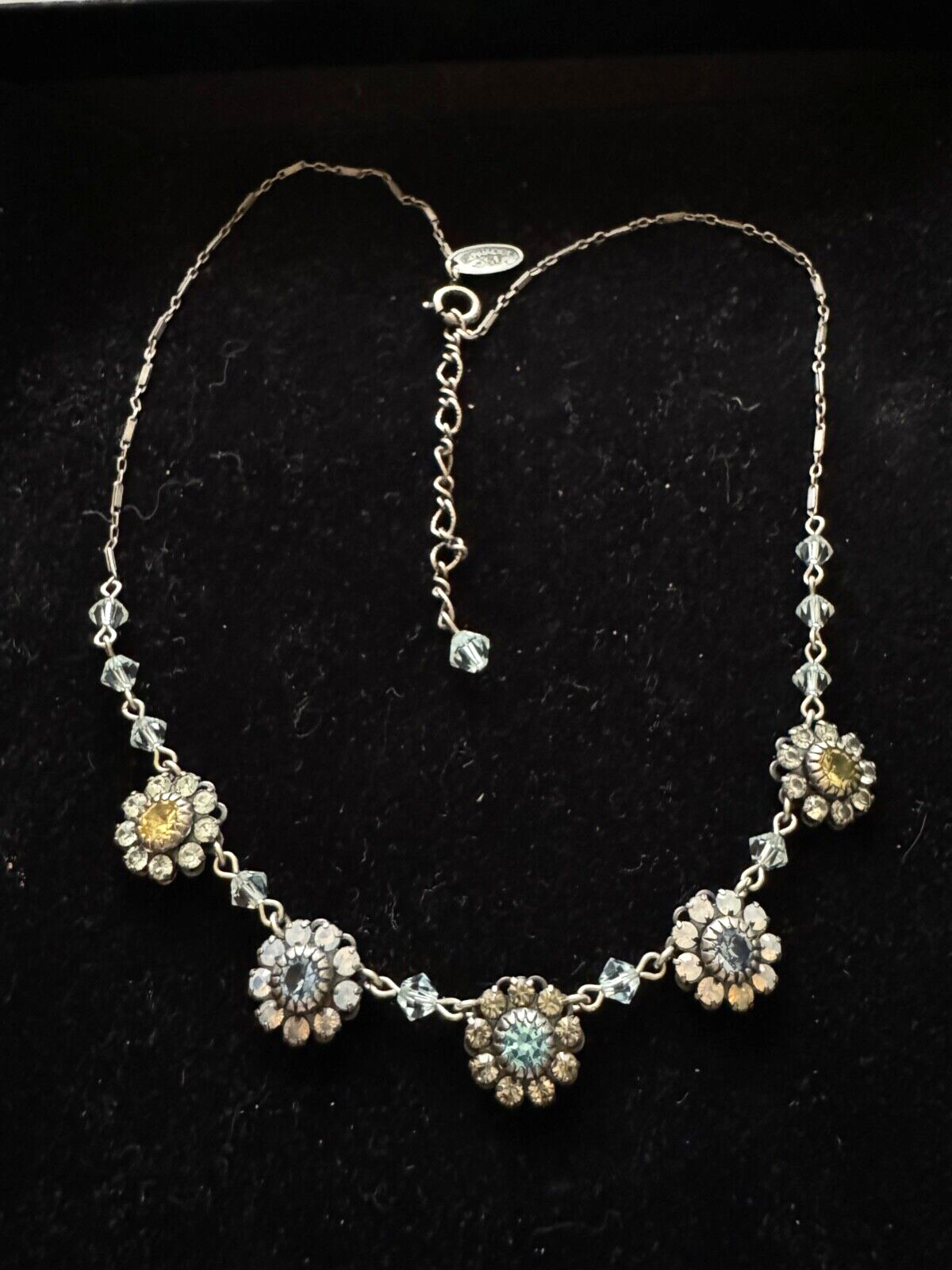 LIZ PALACIOS SF Yellow Blue White/Clear Swarovski Crystal Flower Necklace 17.5″