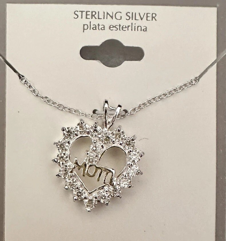 Sterling Silver 925 Mom Heart Necklace Cubic Zirconia Pendant Gift