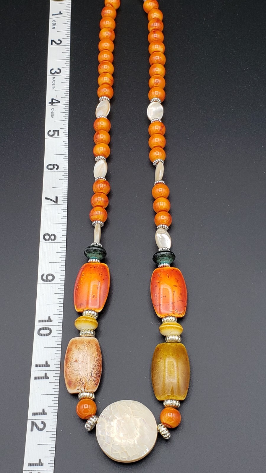 Orange White Mother of Pearl Glass Acrylic Artisan Crafted Beaded Necklace 26 in