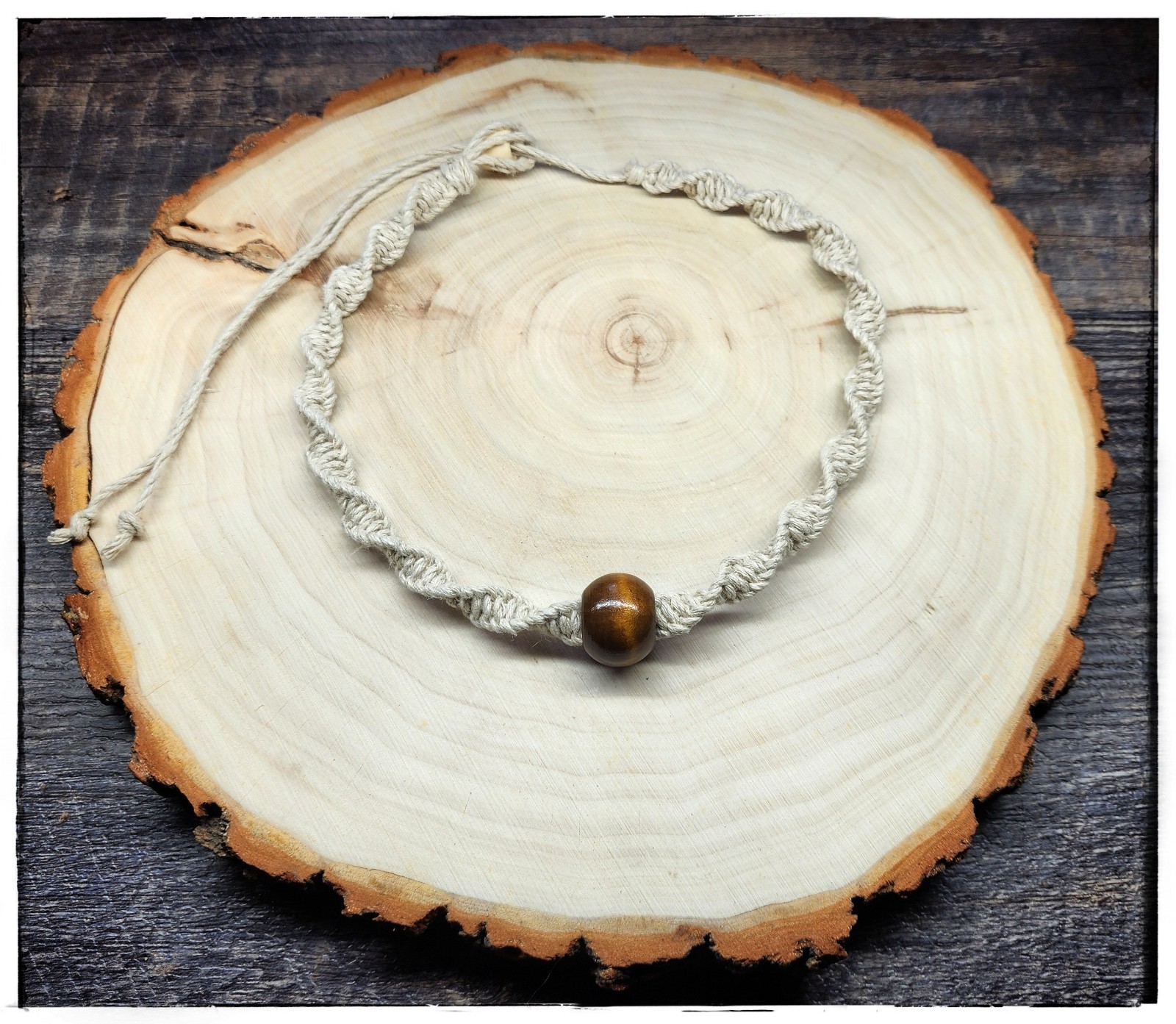MINIMALIST Spiral Natural Hemp Necklace / Choker Medium Wood Bead Customizable