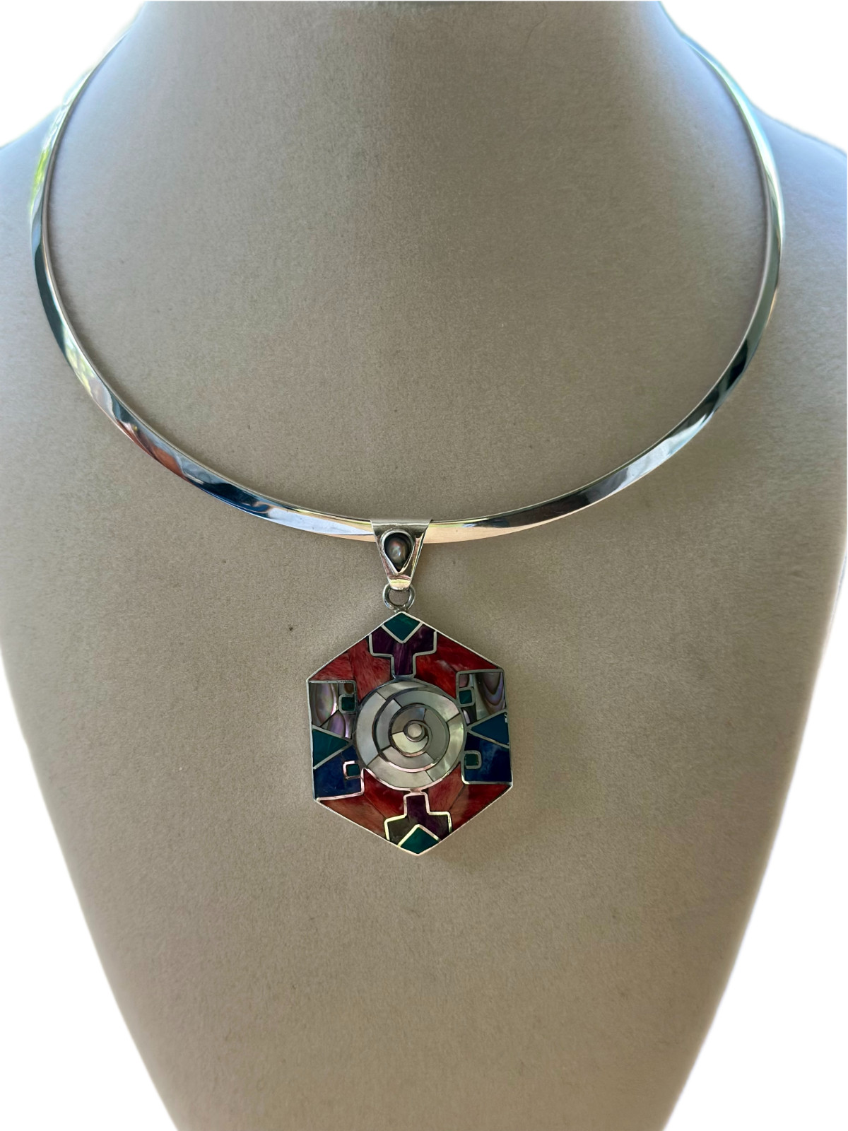 Peruvian 950 Silver Geometric Inlay Pendant Mother of Pearl Mosaic Handmade Peru