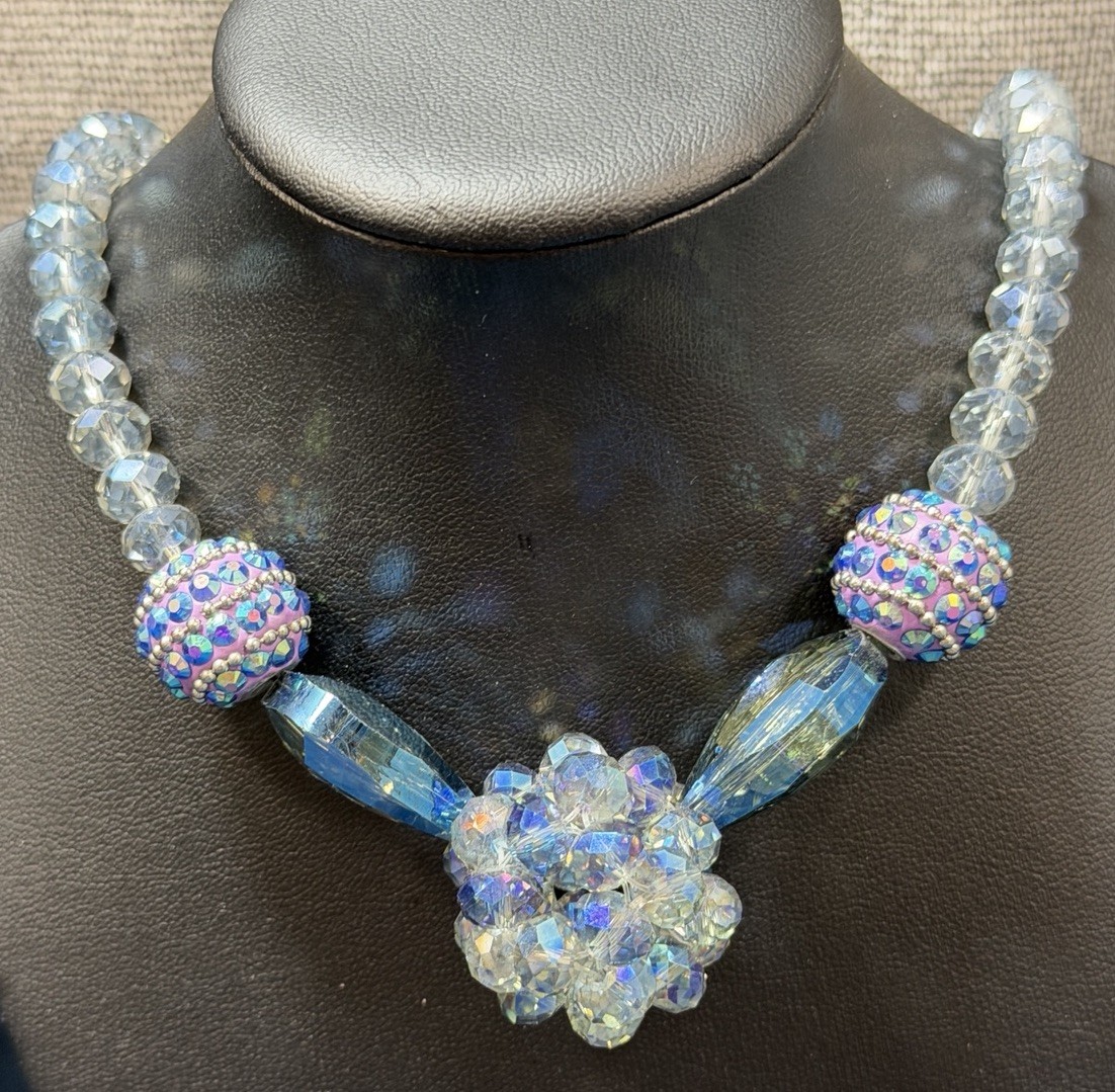 Vintage AB Blue Gray Artisan Necklace Crystal Ball Statement Faceted Round 20”