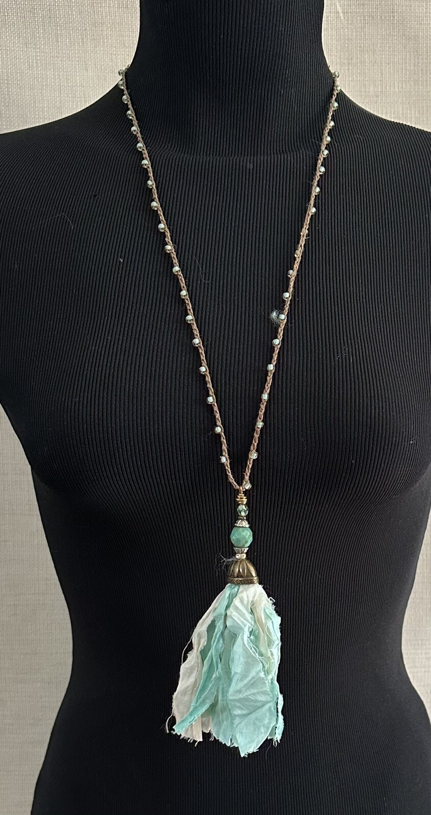Teal Green Hand Dyed Sari Silk Tassel Glass Beads Crocheted Linen Necklace 30”