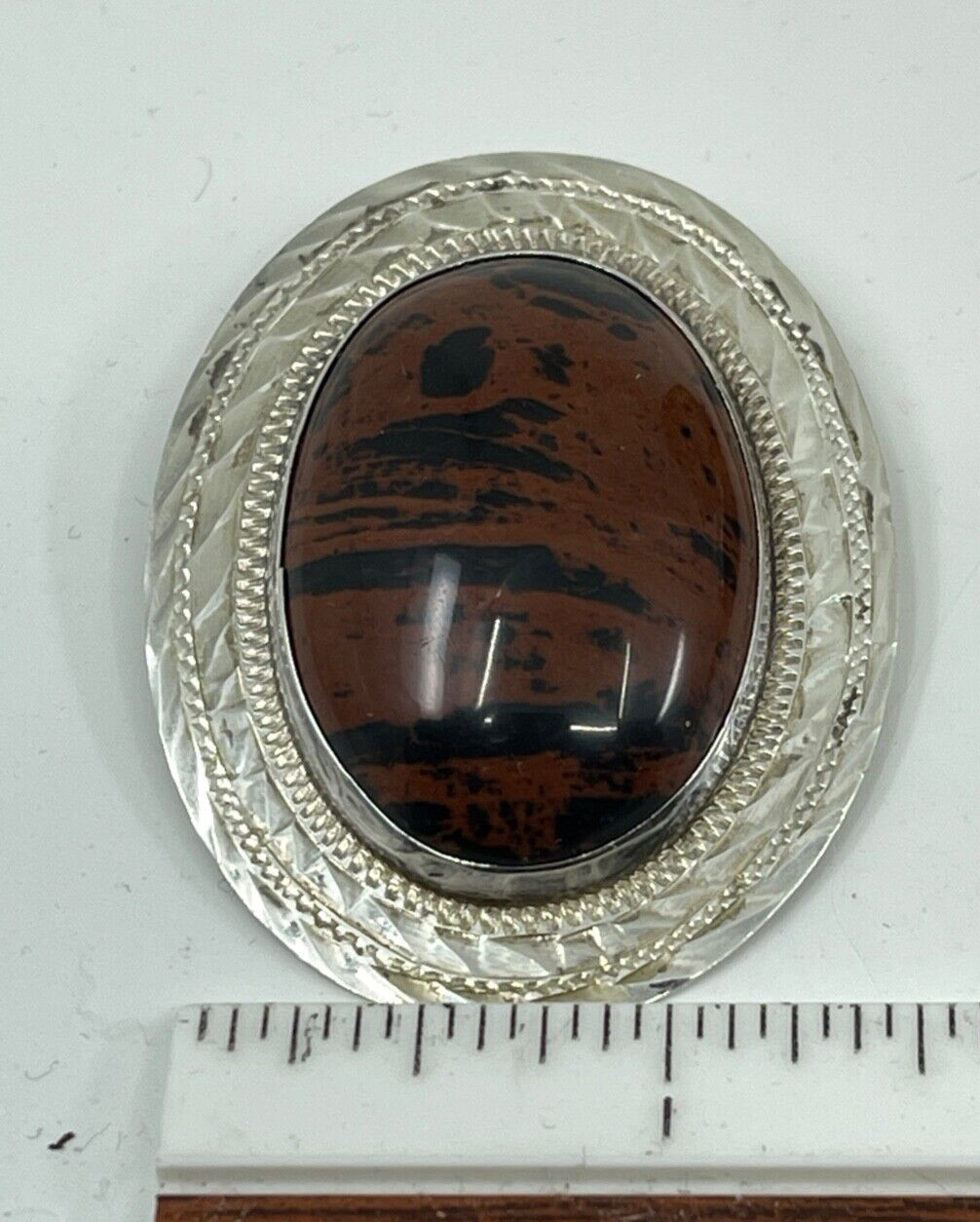 925 Sterling Silver Vintage Mexico Mahogany Obsidian Gem Pin Brooch / Pendant