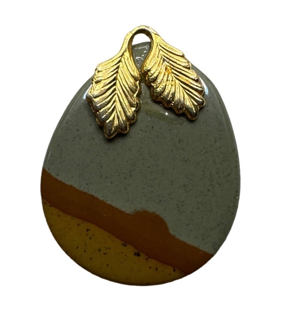 Whimsical Wild Horse Picture Jasper Pendant Stone Earthy Gray Brown Leaf Motif