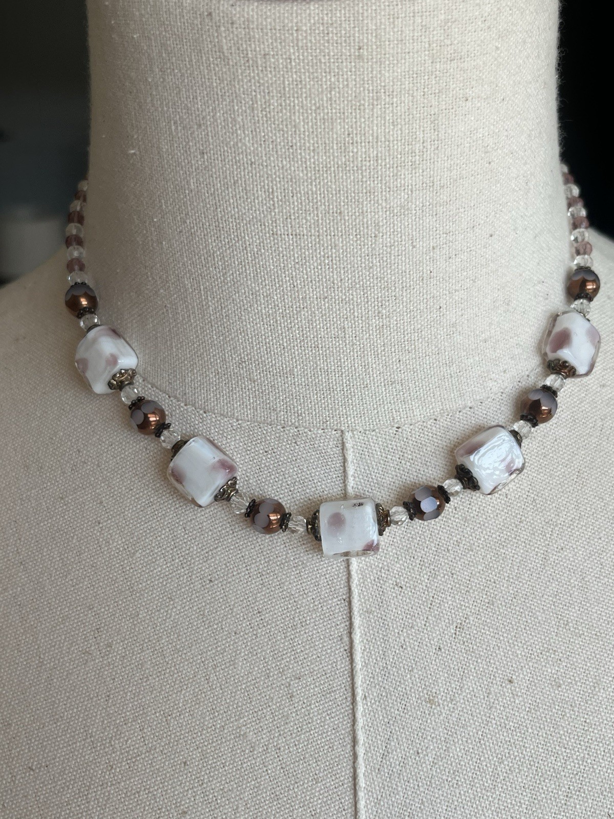 VTG Artisan Art Glass Necklace White Pink Copper Lampwork Pillow Beads.