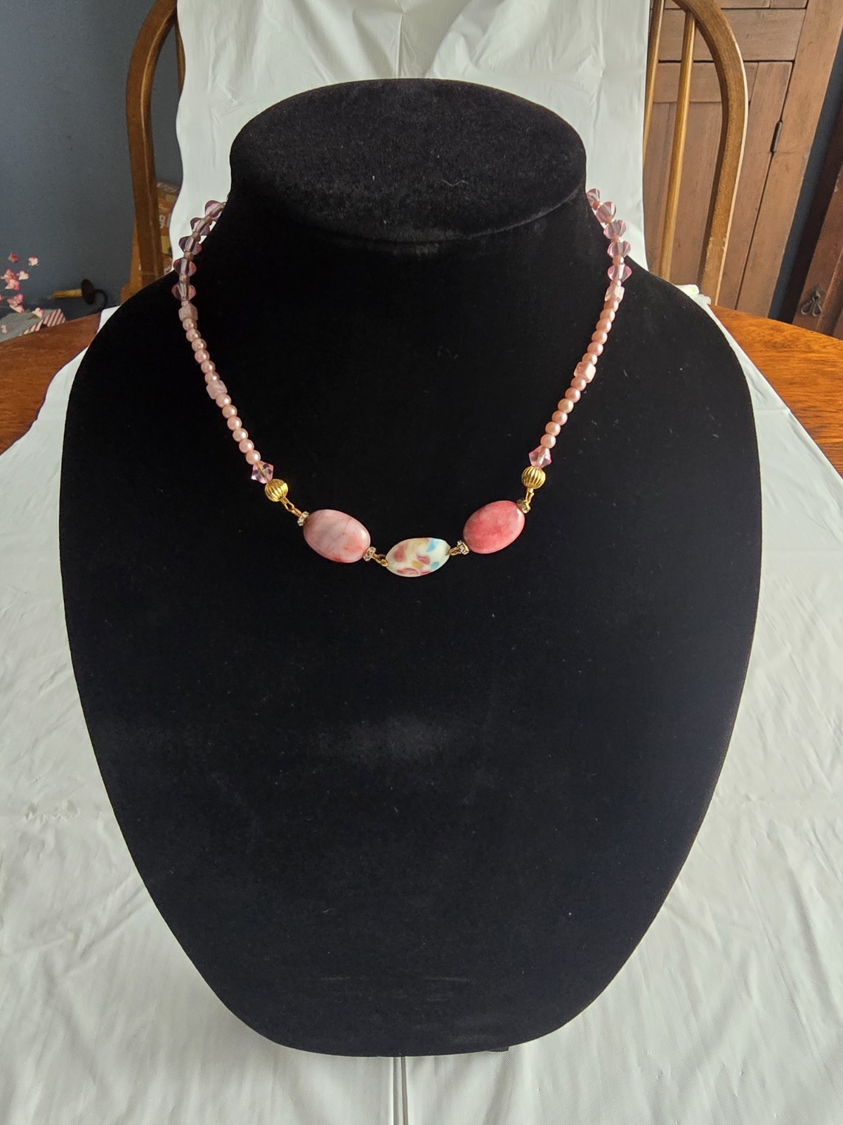 Pink & Blue Floral Beaded Necklace, 17 ½” Length / Handmade Costume Jewely
