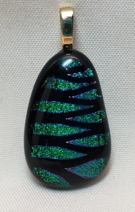 Fused Dichroic Glass Pendant, Green & Black with Blue Hints, Glass, Gold Bale