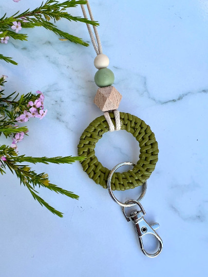 Rattan Wooden Lanyard Teacher Silicone Beaded ID Badge Holder Name Tag Gift