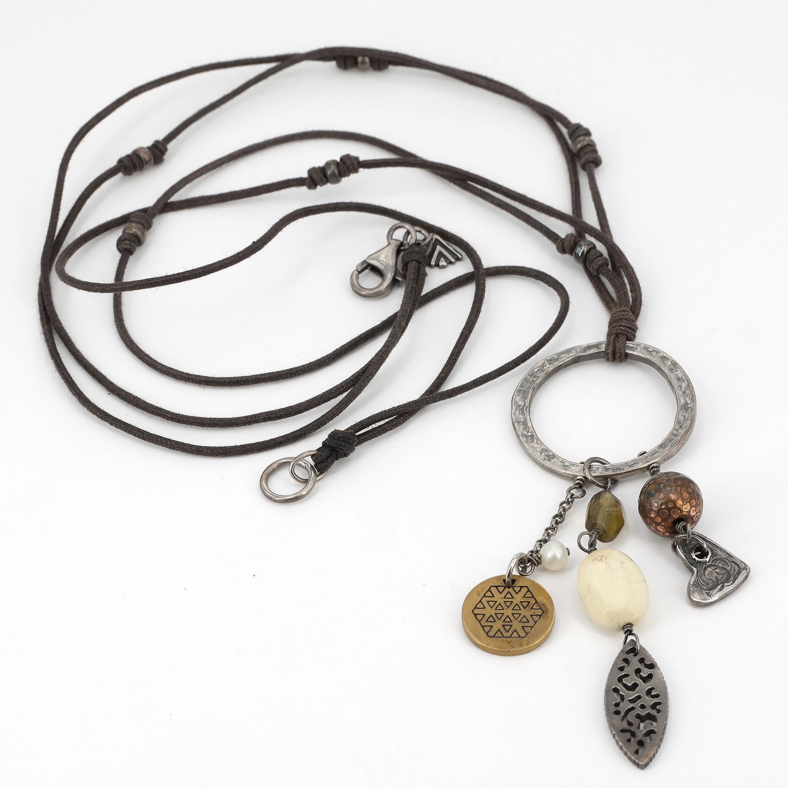 Retired Silpada Mixed Metals Howlite Pearl Leather Boho Charm Necklace N1568