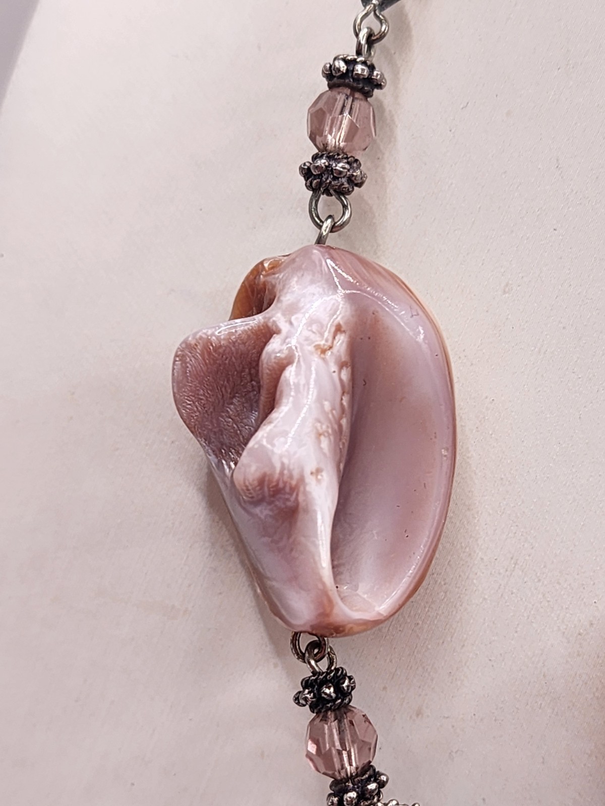 Vintage Artisan Crafted Large MOP Shell With Pink Fauceted Crystal Pendant