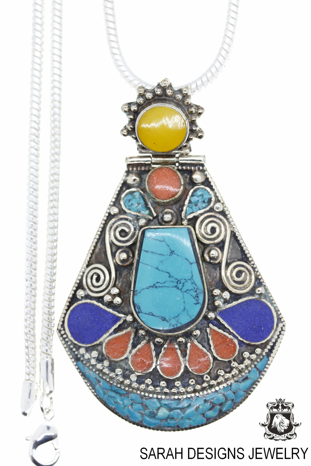 3 Inch Coral Turquoise Tibetan Silver Nepal Pendant 4MM Snake Chain N38