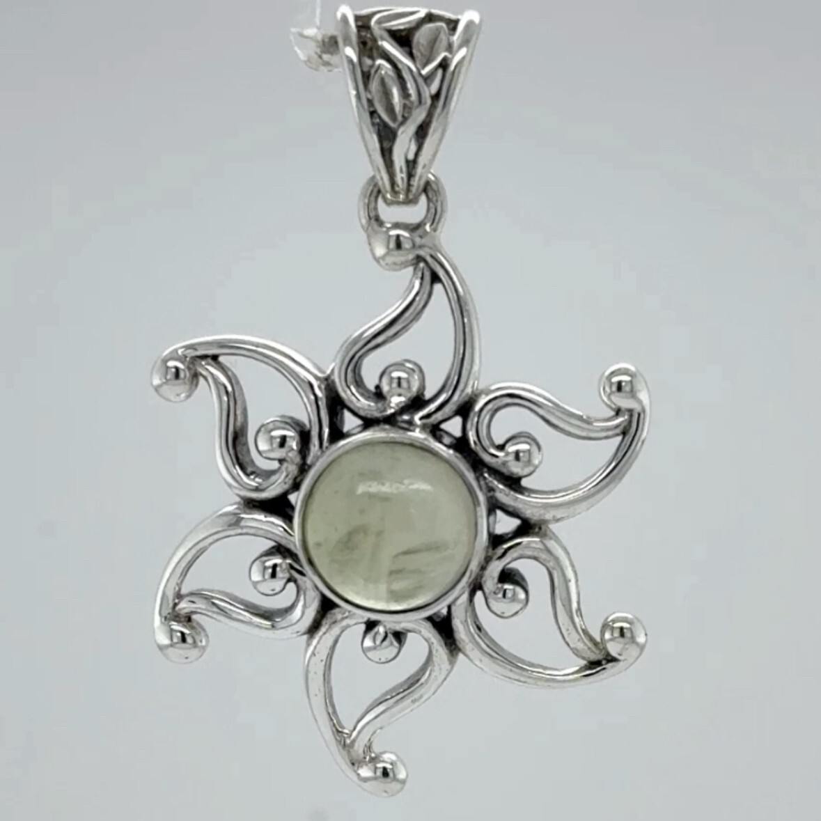 Green Round Sun Star PREHNITE Pendant 925 STERLING SILVER Genuine, Natural #53e