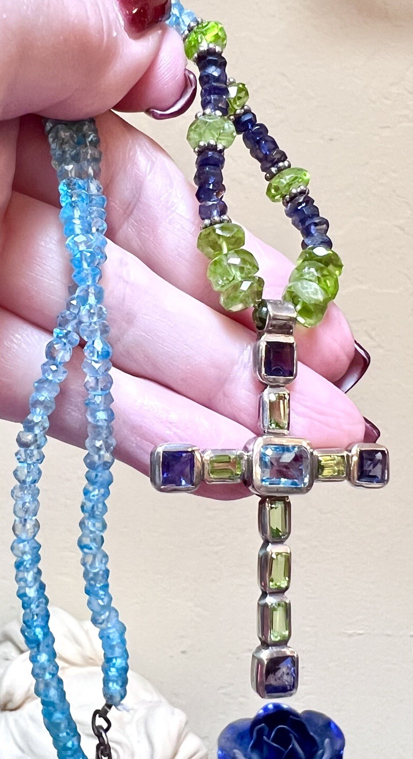 LOVELY Designer Sterling Silver, Blue Topaz, Iolite & Peridot Cross Necklace