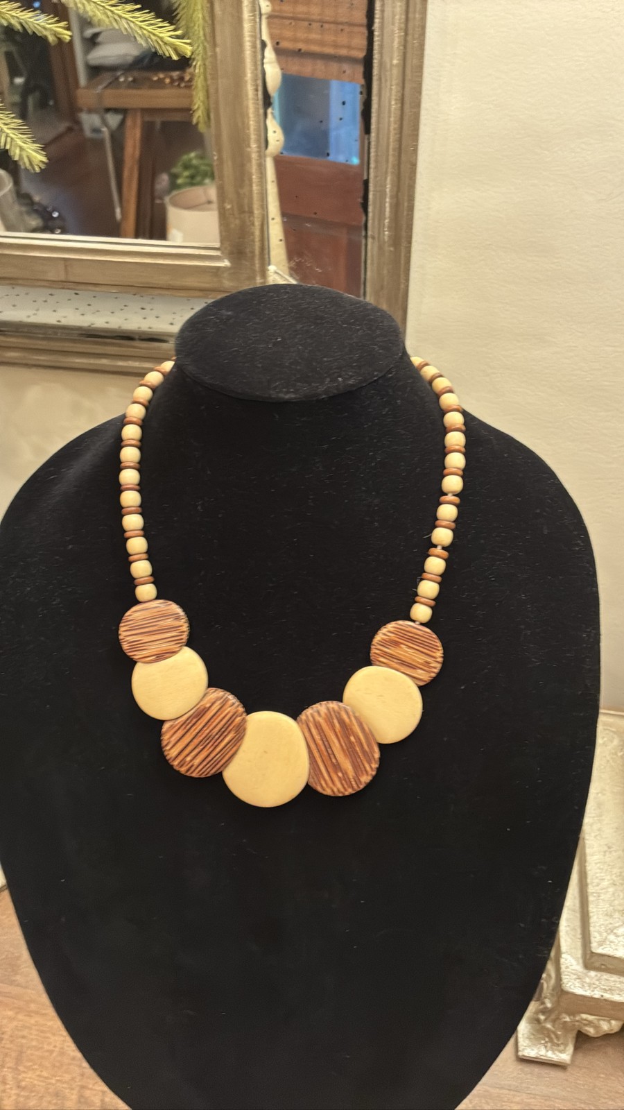 Chunky Wood Disc Beaded Statement Necklace Boho Coconut Shell Style