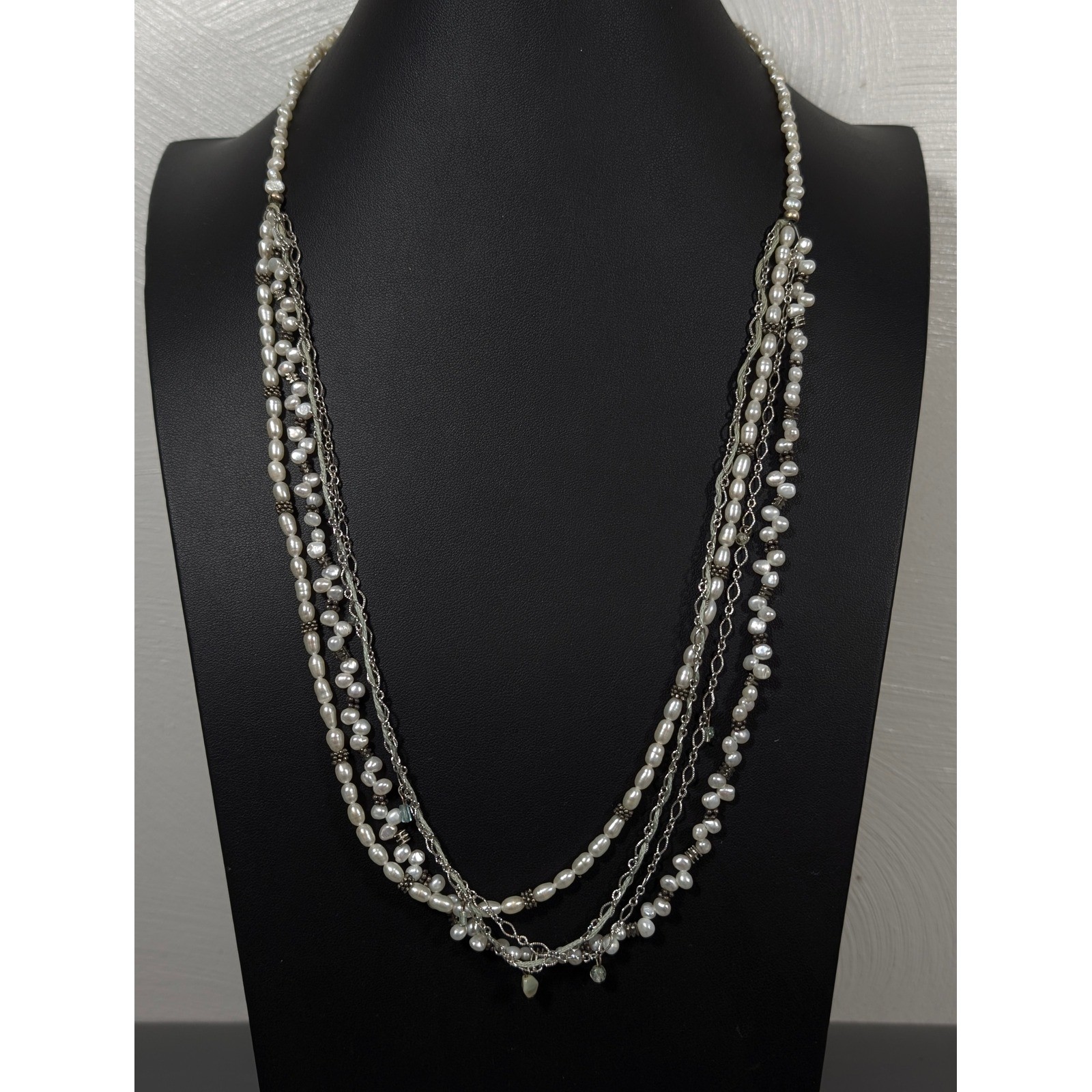 Artisan Multi Strand Faux Pearl Necklace Silver Tone Layered Statement 27″