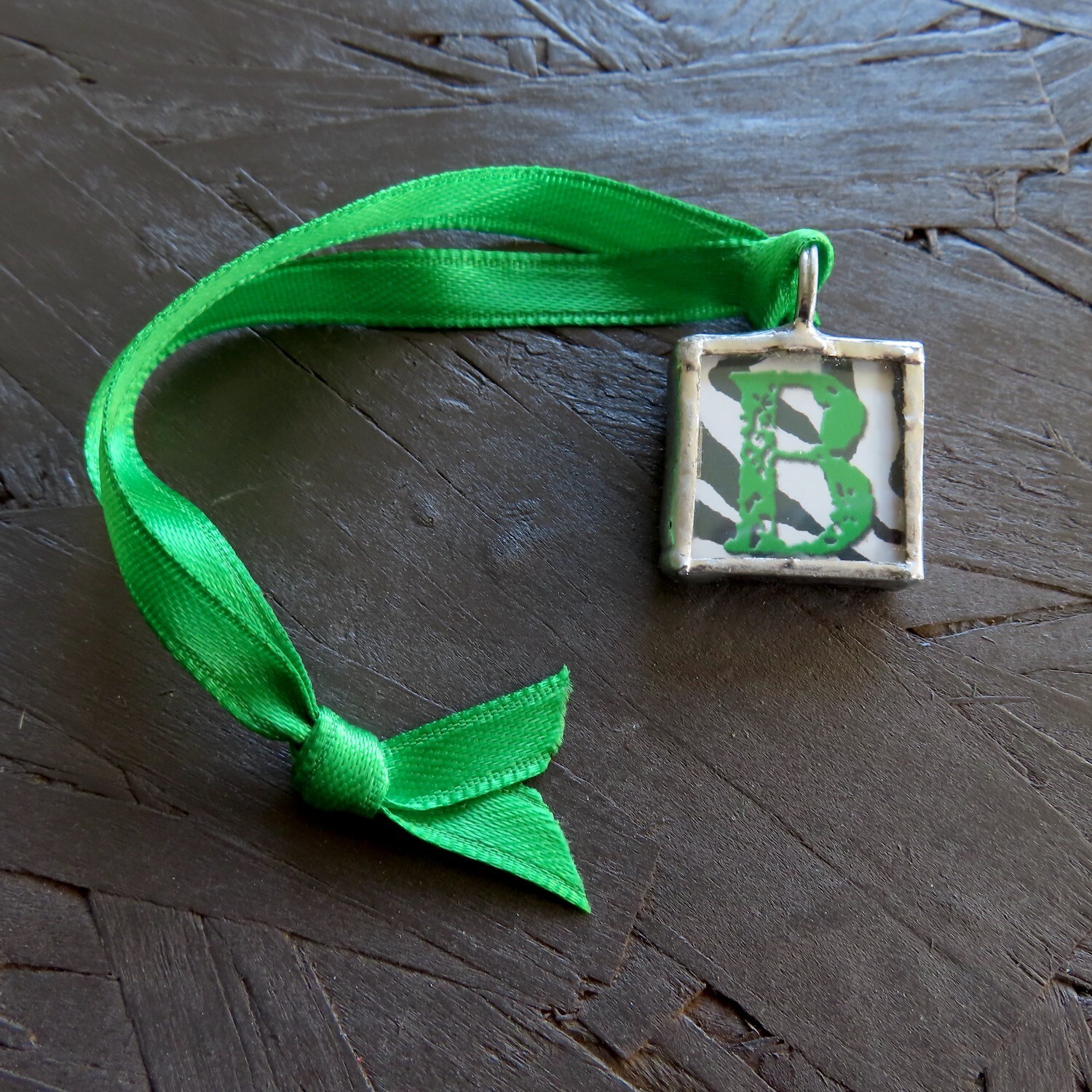 Letter B Soldered Glass Charm Pendant Handmade Reversible Two Sided Vtg Retro
