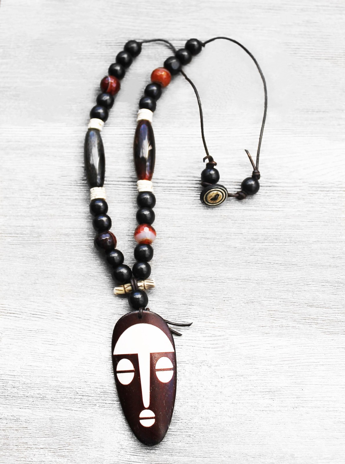 African Mask Pendant Necklace Obi Tribal Jewelry, Bone, Mens Gift Valentines 26″