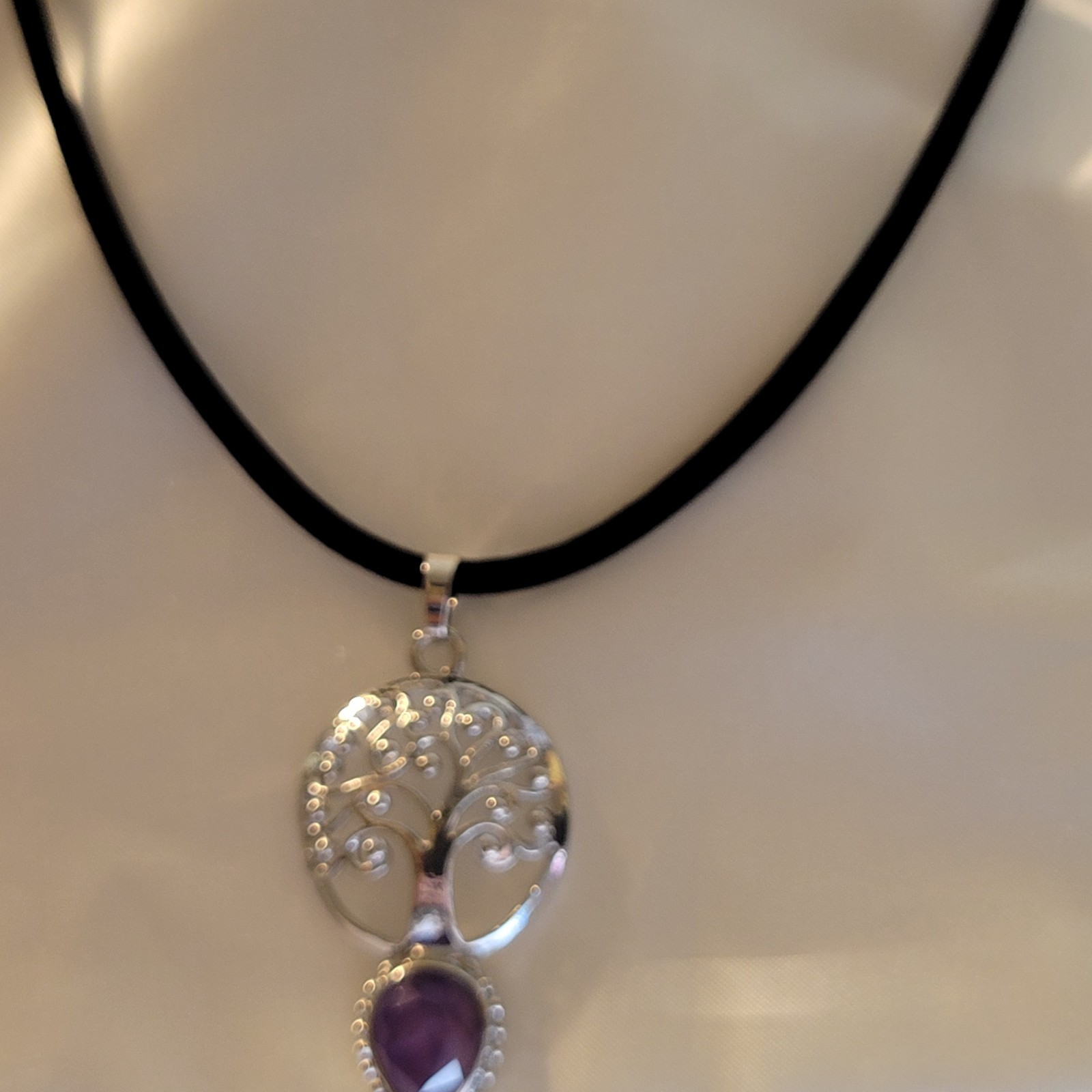 Tree Of Life Amethyst Pendant Gemstone Necklace/Choice Black Velvet Cord /Chain