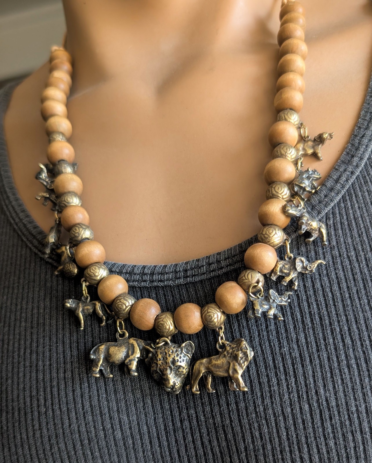 African Animal Charm Pendant Necklace Brass Lion Rhino Cheetah 24″ Handmade