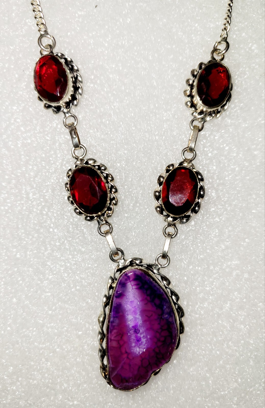 20″ Druzy Agate/ Lab-created Garnet Set In Sterling Silverplate-New