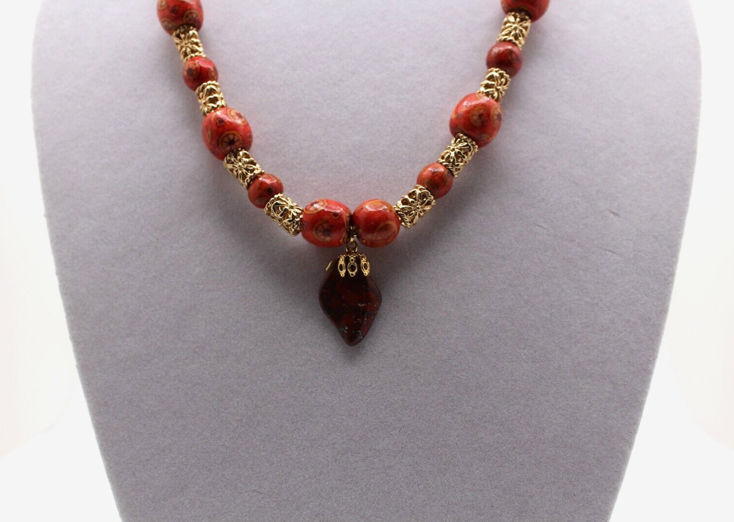 Handcrafted 22.5″ gold chain polished jasper stone with beads and gold spacer