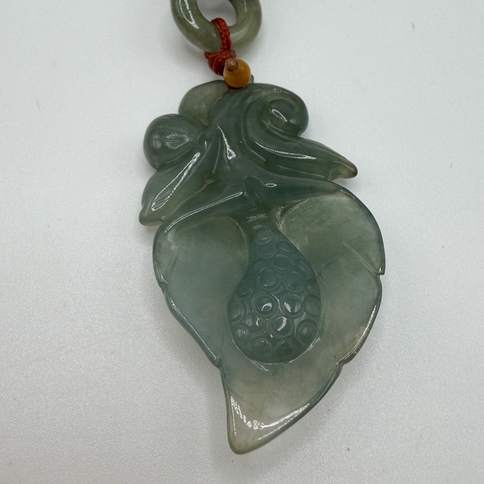 Carved Green Burmese Jadeite Jade Leaf Pendant Black Silk Cord Mixed Beads