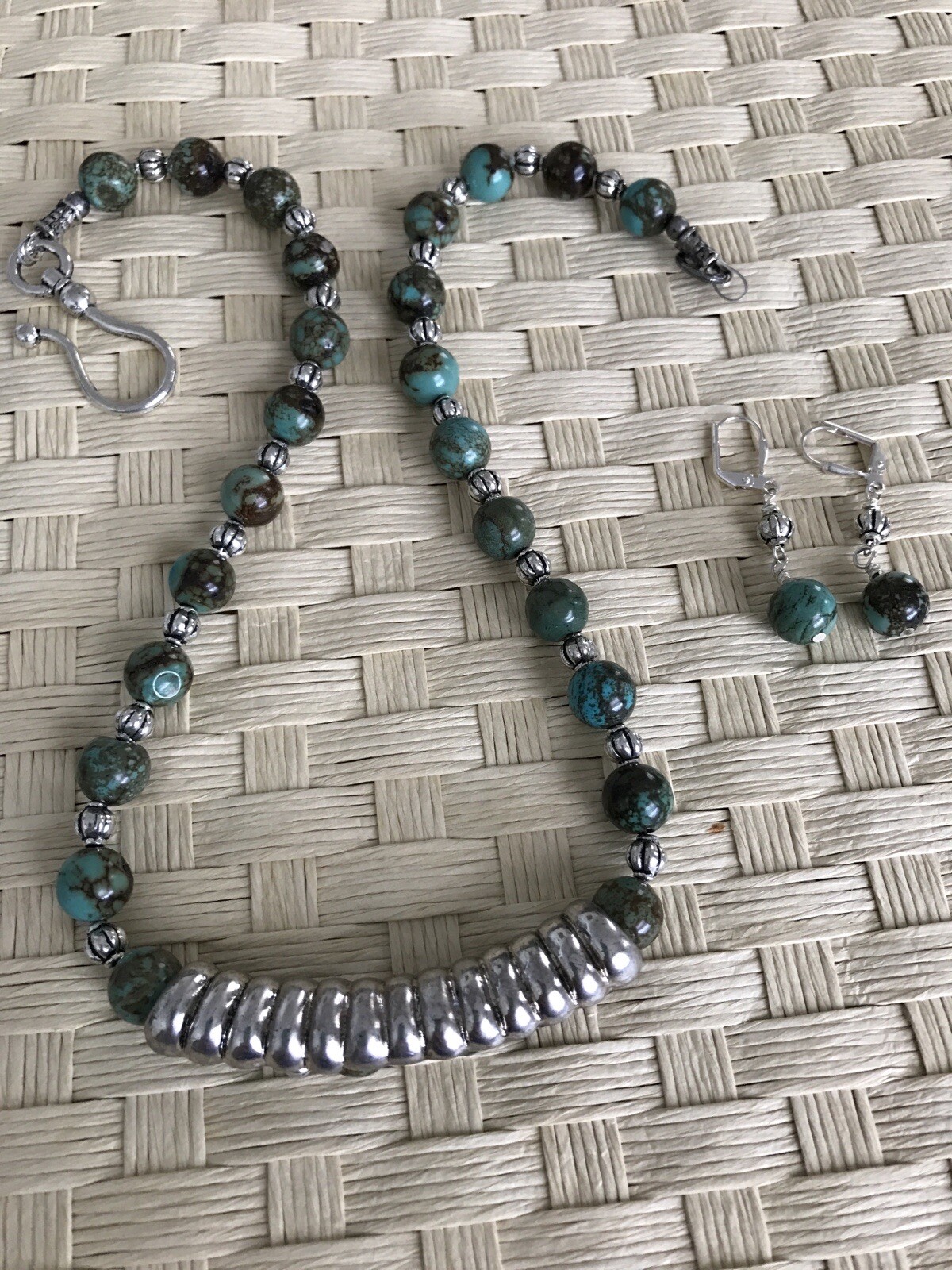 Handcrafted Artisan Jewelry Magnesite Gemstone & Pewter Necklace & Earring Set