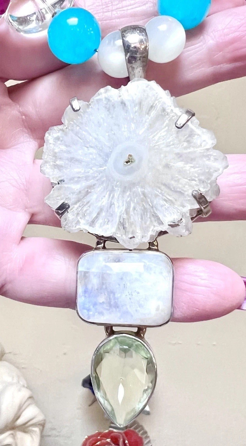 LOVELY Sterling Silver White Agate Druzy, Moonstone, Amazonite, Pearl Necklace