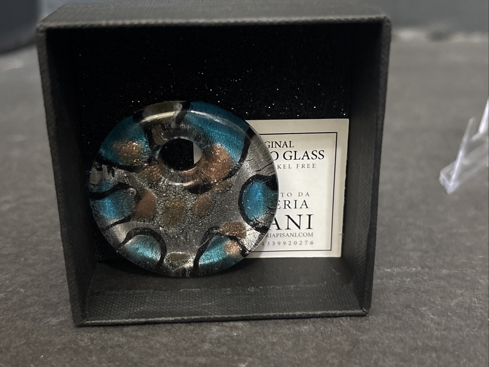 Authentic Vetreria Pisani Murano Glass Donut Pendant ONLY Blue Gold Aventurine