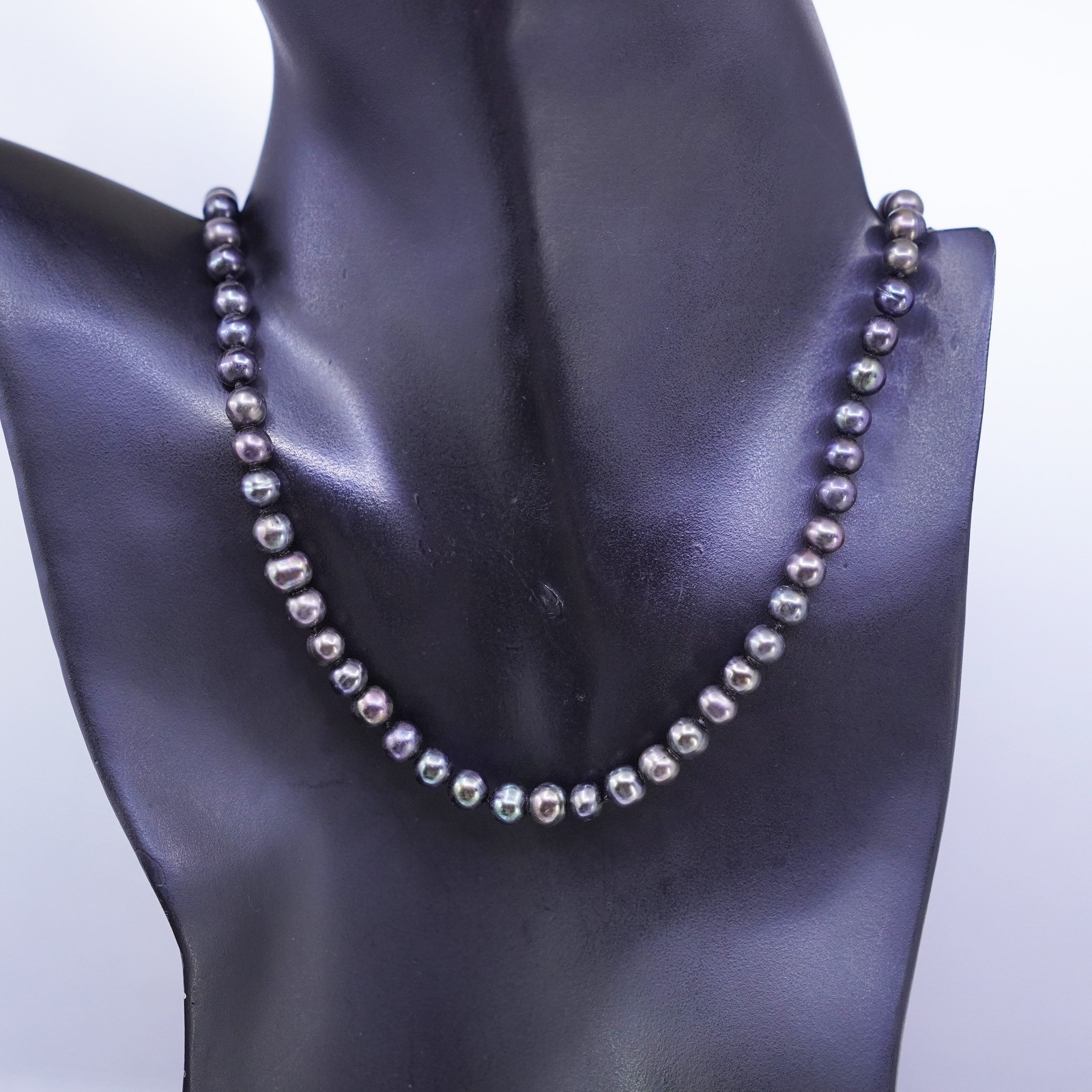 18+2”, vtg freshwater 6mm black pearl necklace with Sterling 925 silver clasp