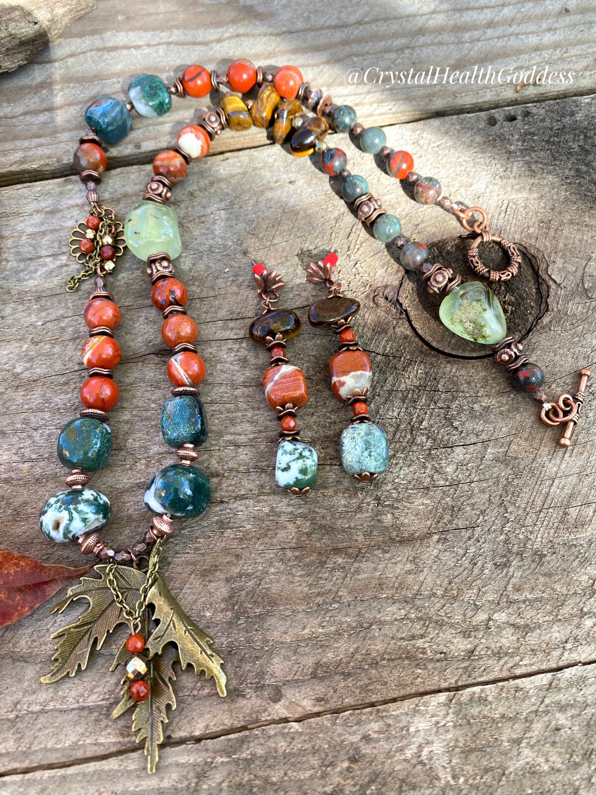 Red Autumn Multi-Gemstone Statement Jewelry Set Necklace + Bracelet + Earrings