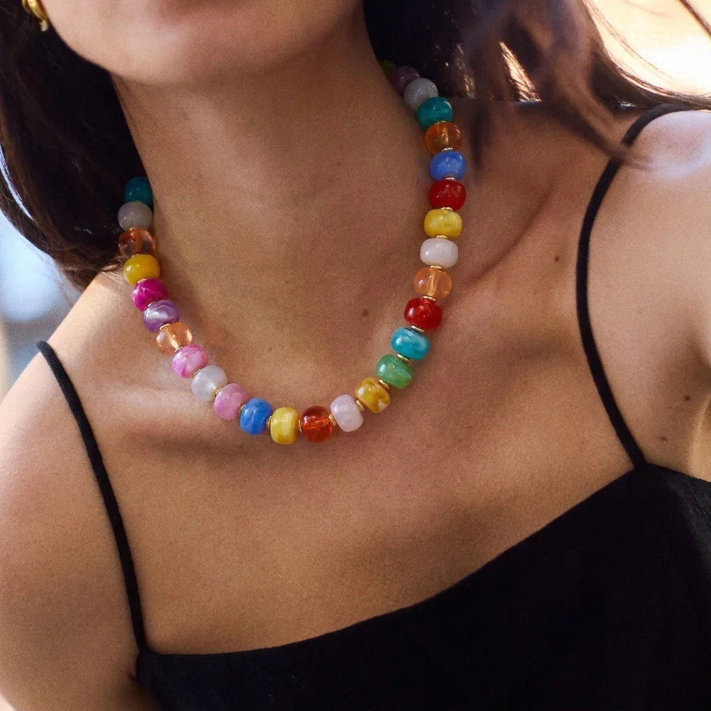 Chunky Dopamine Colorful Resin Bead Necklace for Women Y2K Aesthetic Rainbow Can