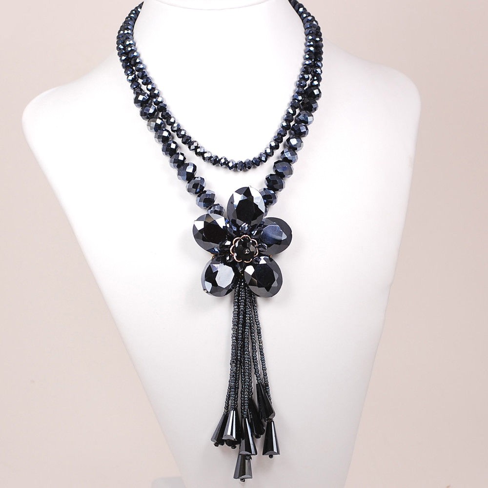 Dark Blue Crystal Flower Pendant Long Necklace 30″ Gift Ideas Fashion Jewelry