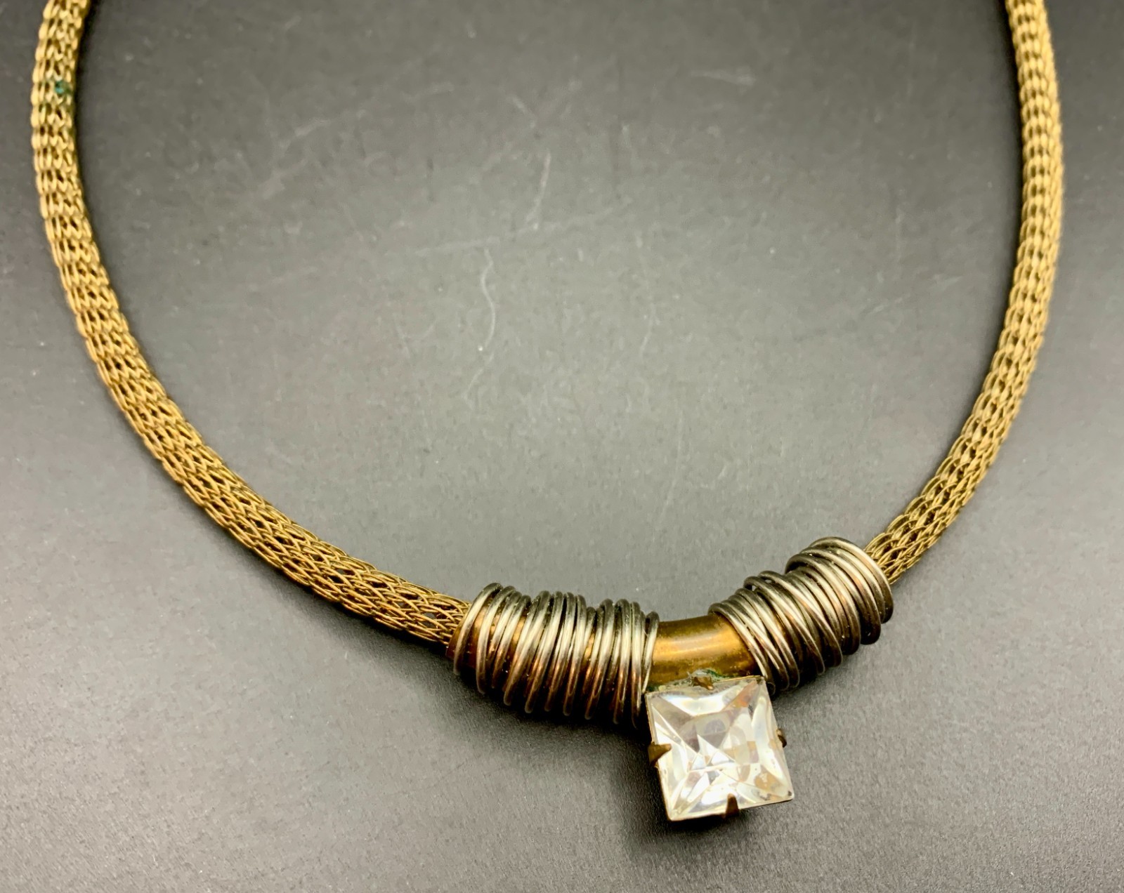 Brass Geometric Collar Necklace Lg Faceted Rhinestone Pendant Mesh Chain Baer SF