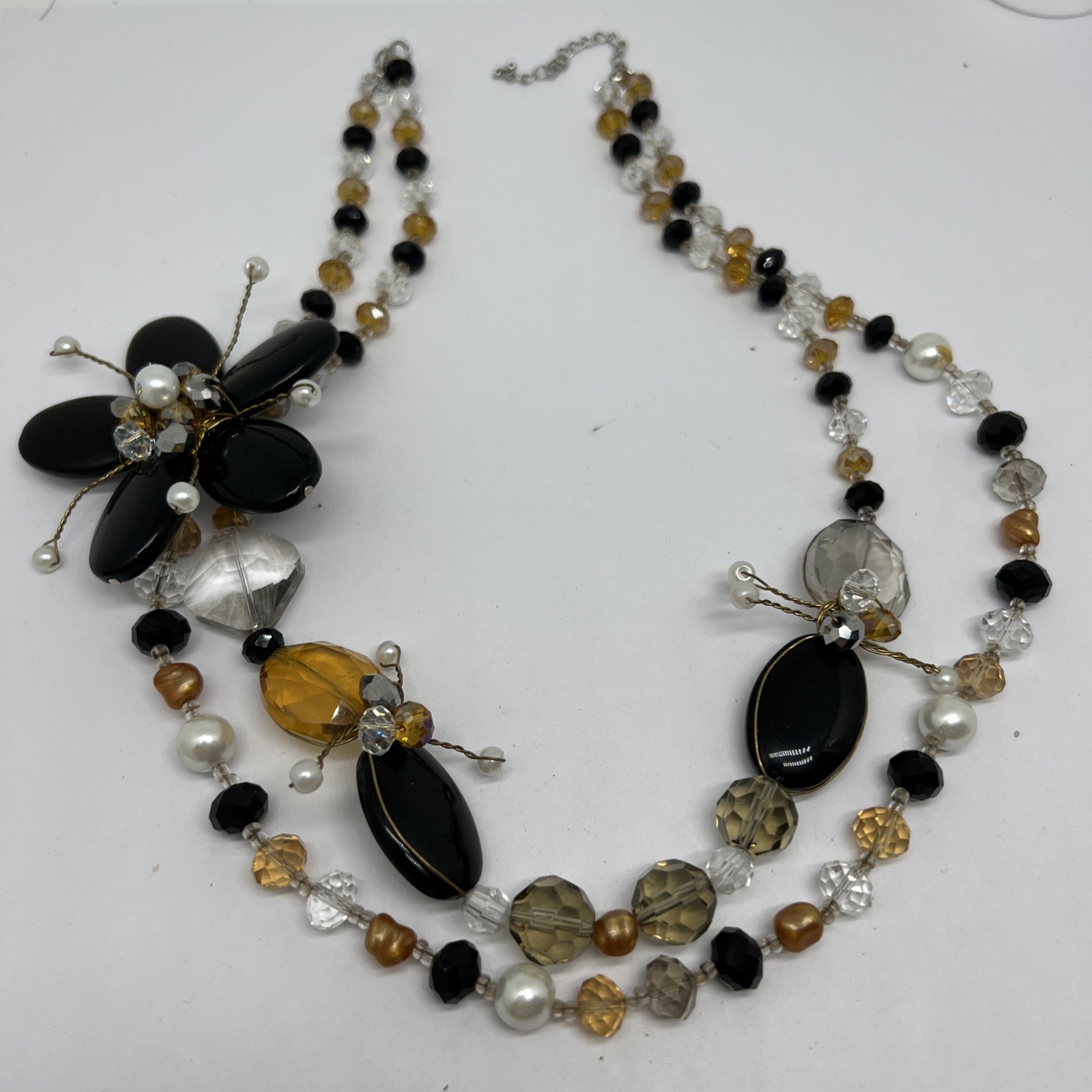 Unique 20”-22” Necklace Made With Black Clear Orange Crystal Glass & Faux Pearls