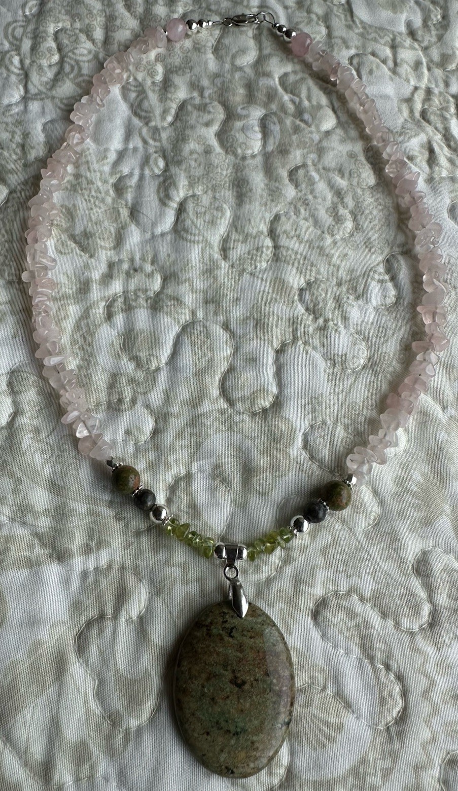 Large Oval Unakite Pendant- Rose Quartz & Gemstone Beaded Necklace-Handmade