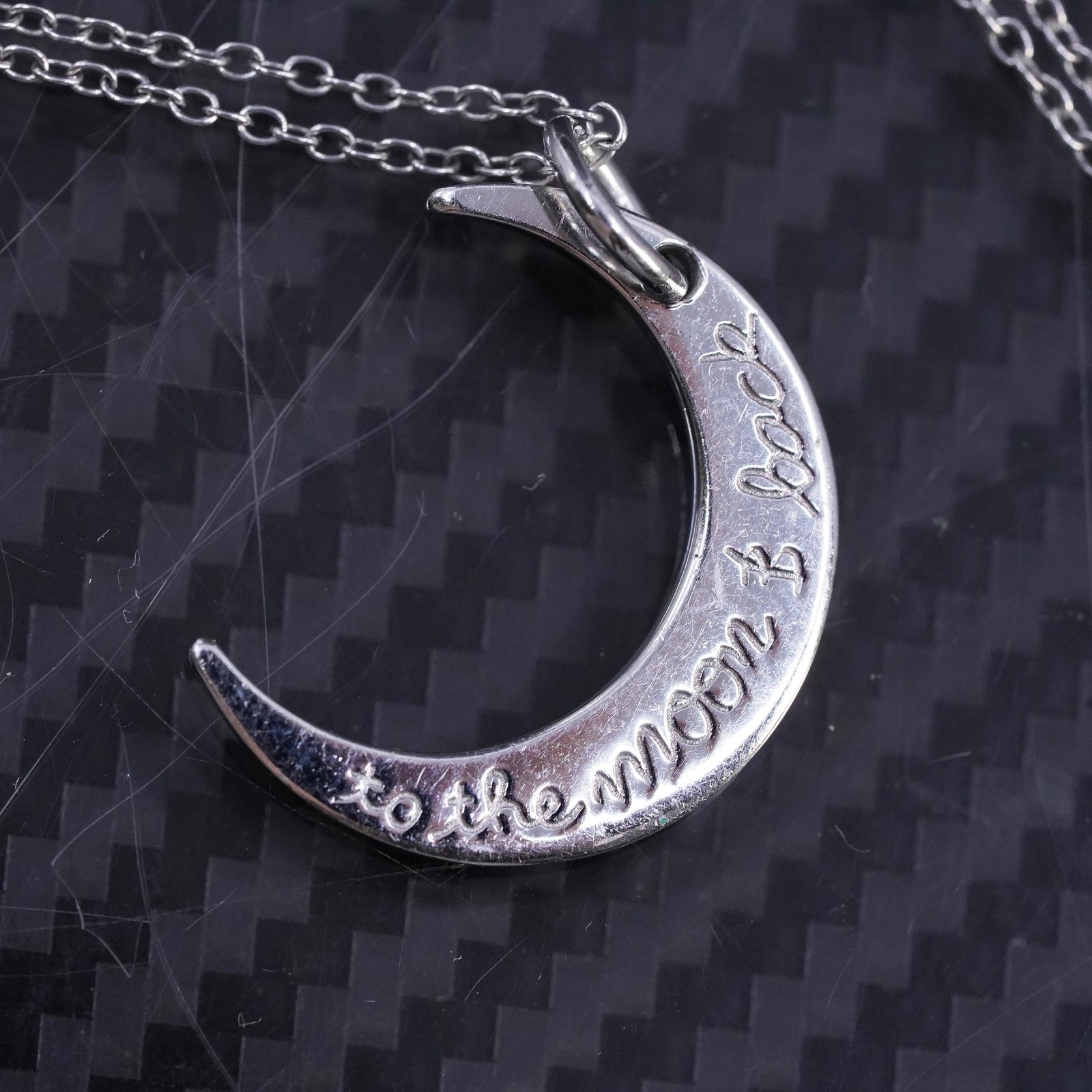Vintage Sterling Silver Box Chain Necklace: Moon Embossed Pendant