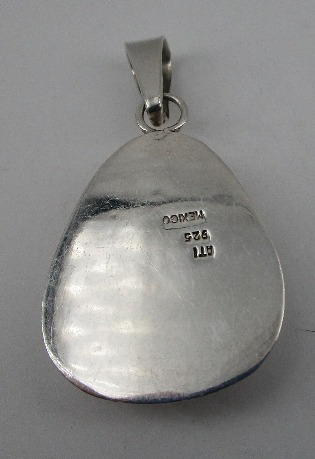 Sterling Silver Pendant Pear Shape Cabochon Turquoise Mexico 2-1/8″ Sign ATI
