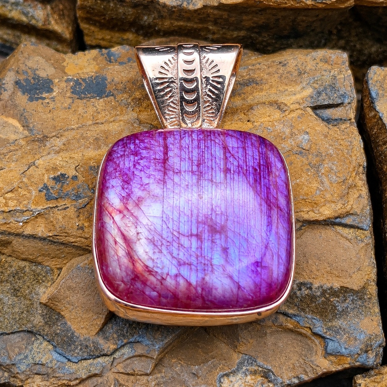 Dyed Labradorite Pendant Solid Copper Purple Pink Blue Southwestern Style 1.5″