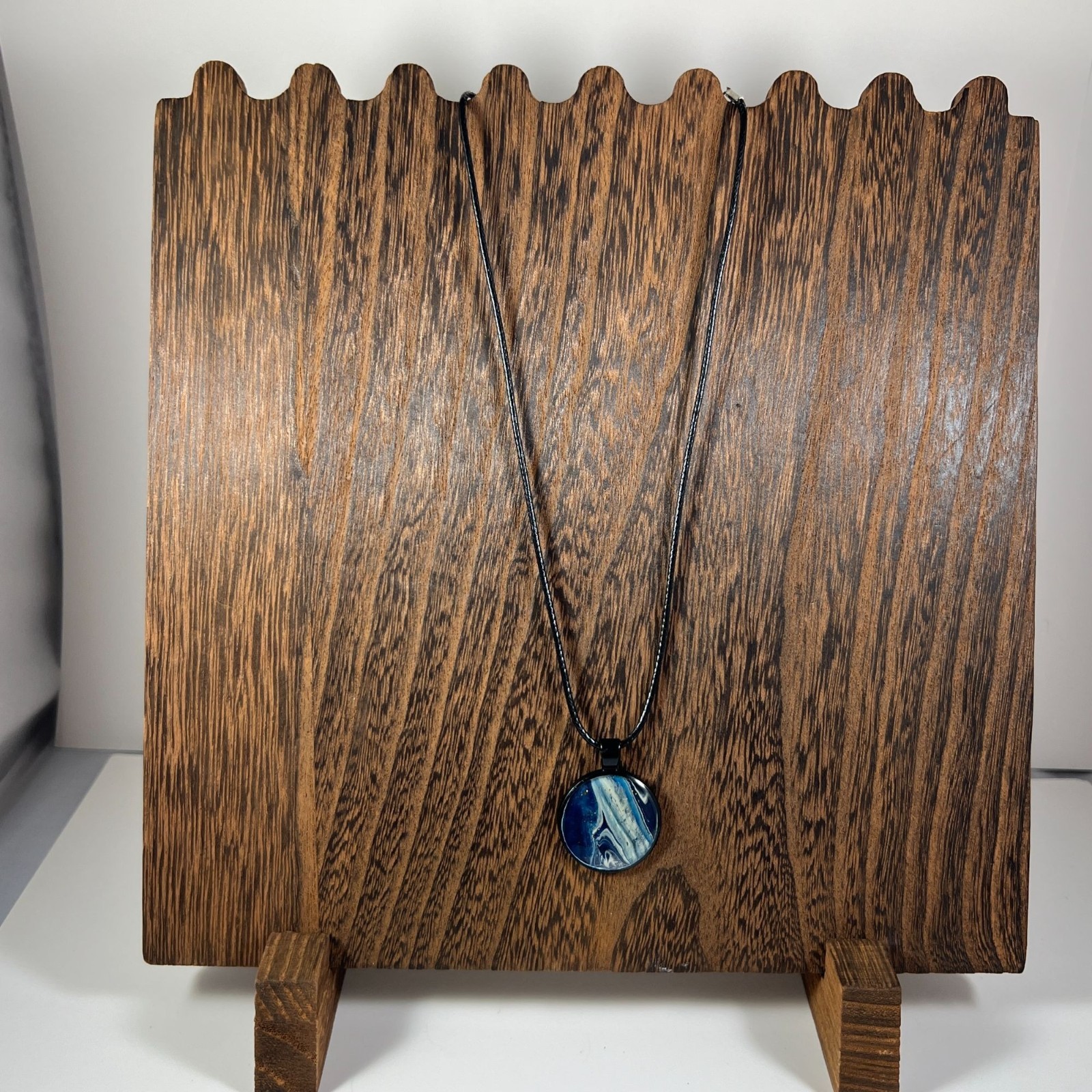 Acrylic Pour Pendant Necklace With Blue Abstract Design